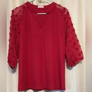 Elegant Red Blouse with Sheer Sleeves